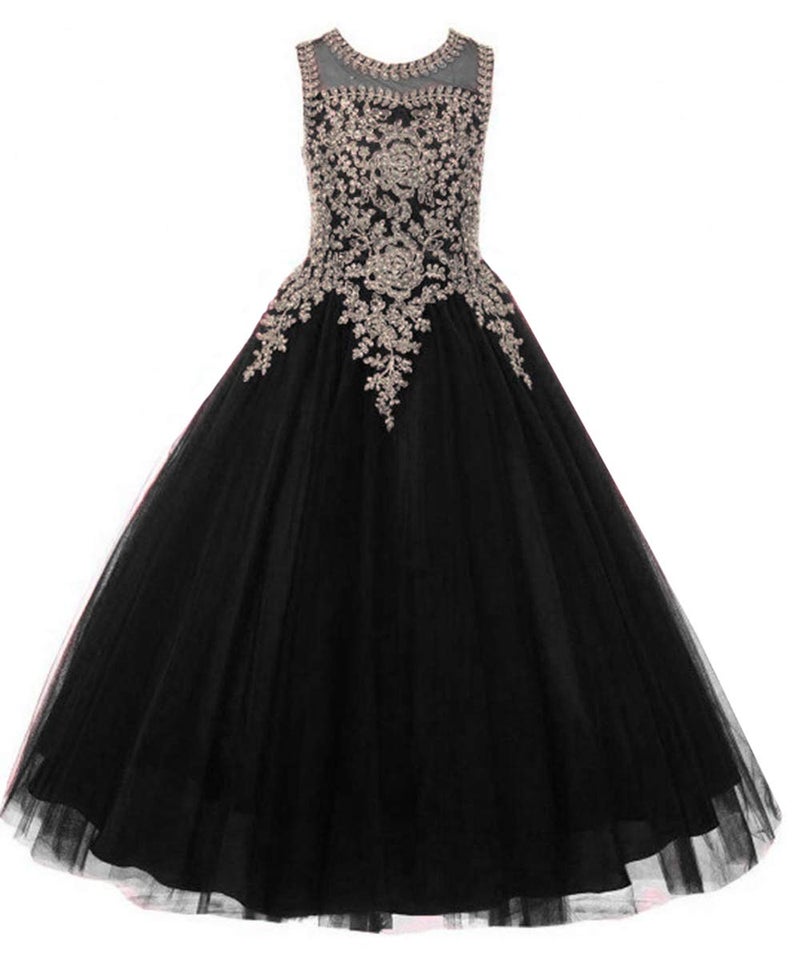 WDE Formal Little Girls Long Pageant Dresses Prom Ball Gown Gold Lace Black Tulle Size 6 - Image 1